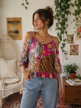 Sacred Threads Boho Patchwork Cold Shoulder Top S/M
